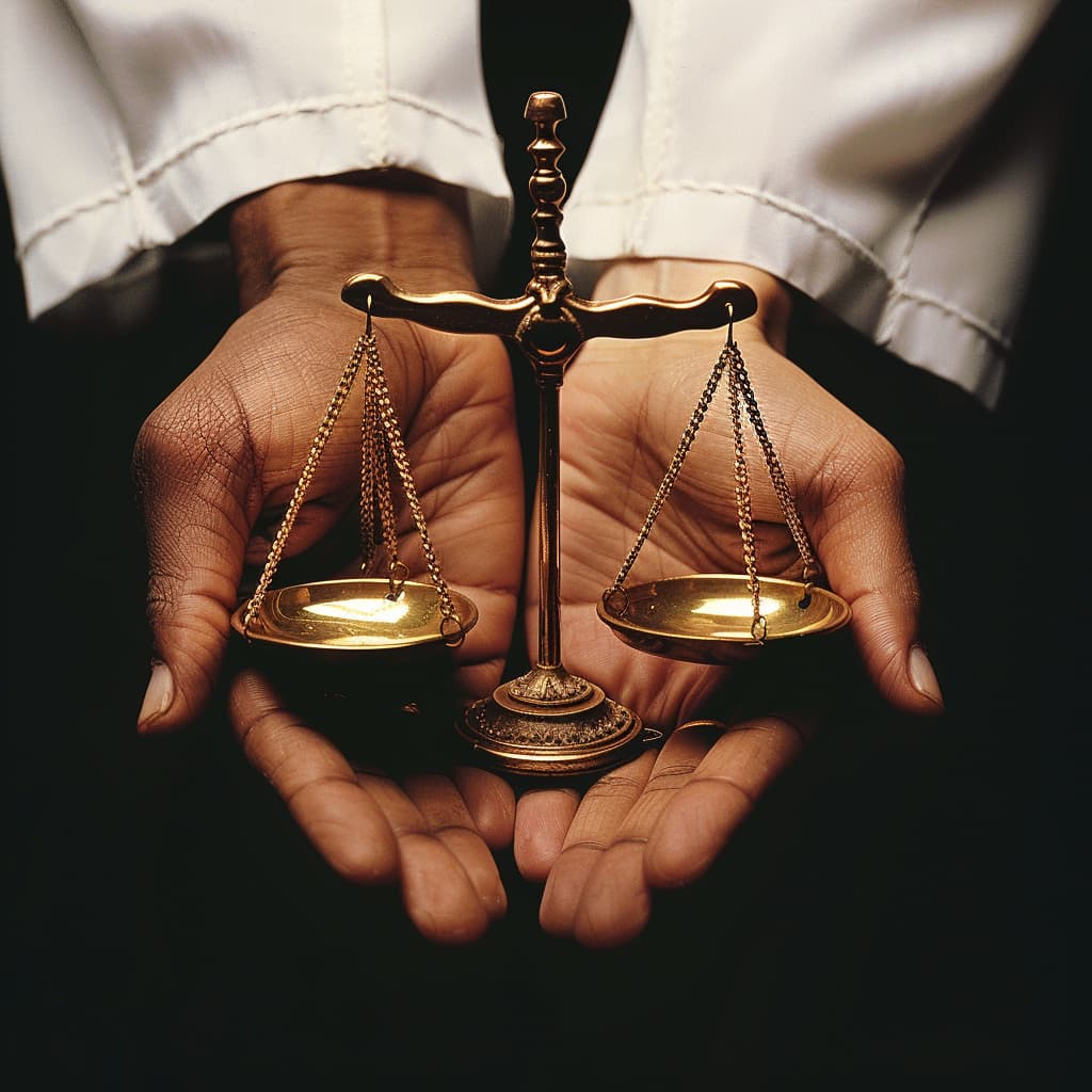 Two hands holding a gold weighing scale symbolizing balance and justice