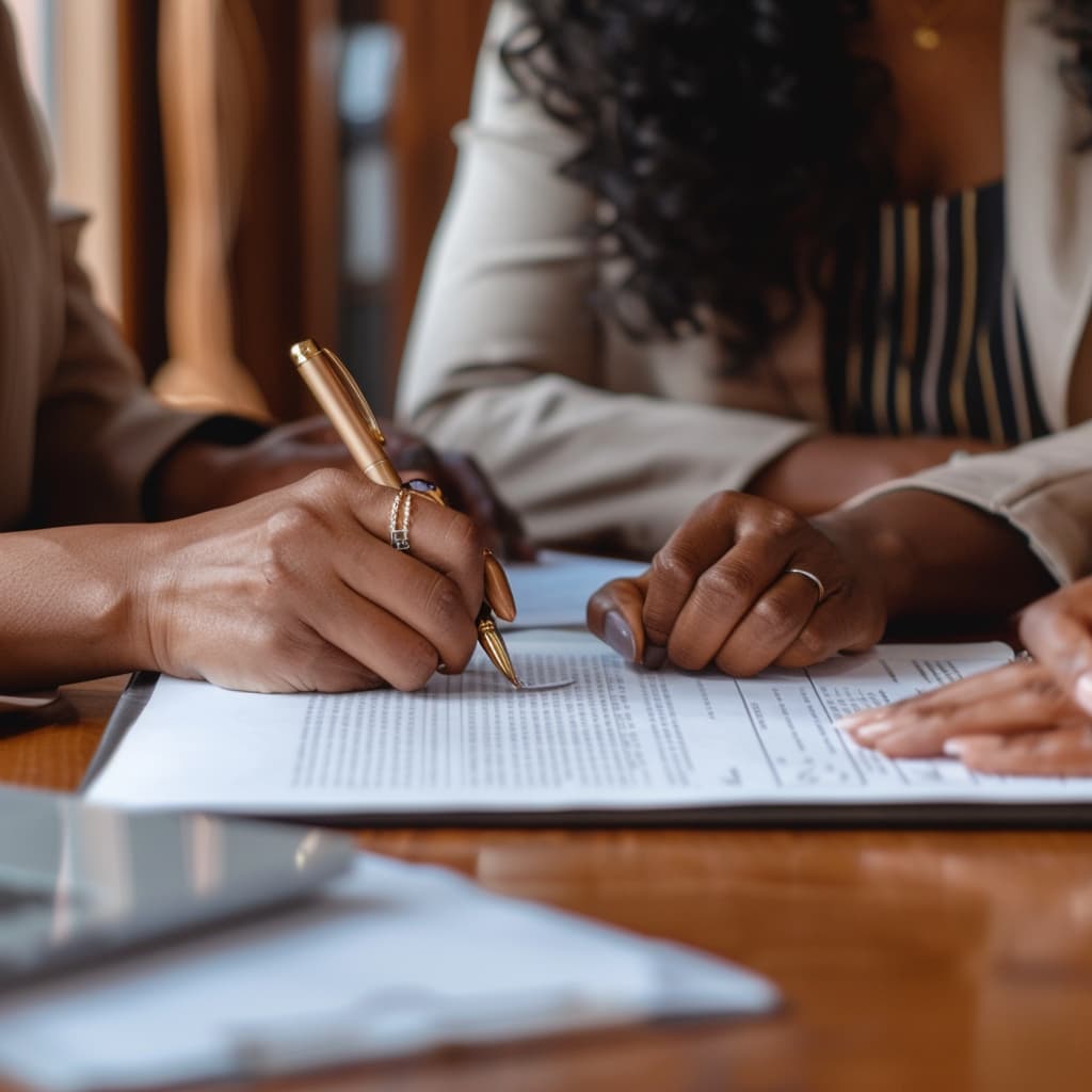 Client and notary public signing legal documents with a pen, ensuring proper notarization